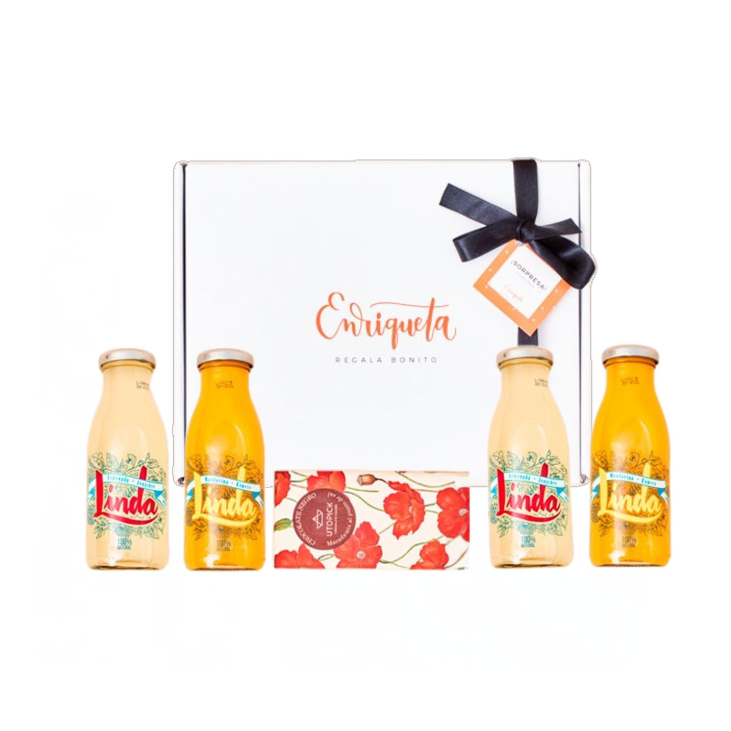 Cesta gourmet con zumos Linda y chocolate Utopick macadamia